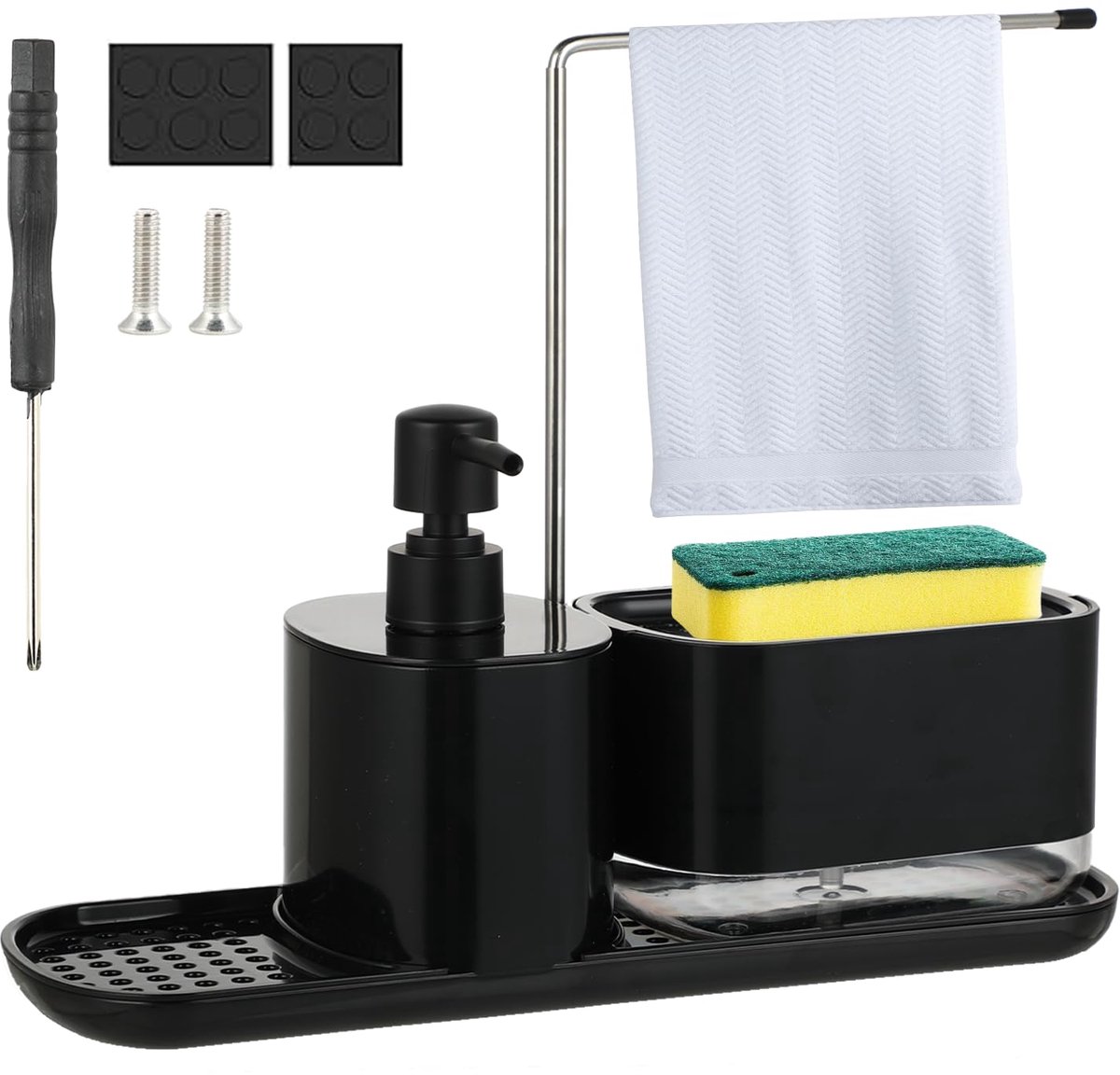 Dailygoods - 2-in-1 Dispenser Set voor Afwasmiddel met Sponshouder - Zwart