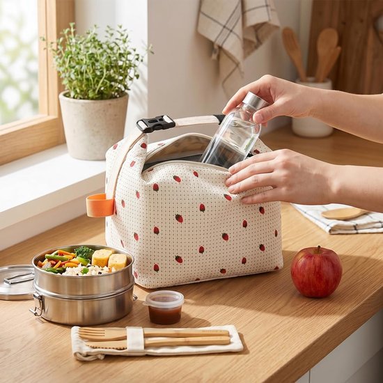 VHV-Lunchtas Corduroy - Geïsoleerde Koeltas voor Dames - Stijlvolle Wonton Lunchbox Tas voor Werk en School - Ruime Lunchtas met Aluminium Voering - Beige van Vhv — afbeelding 5