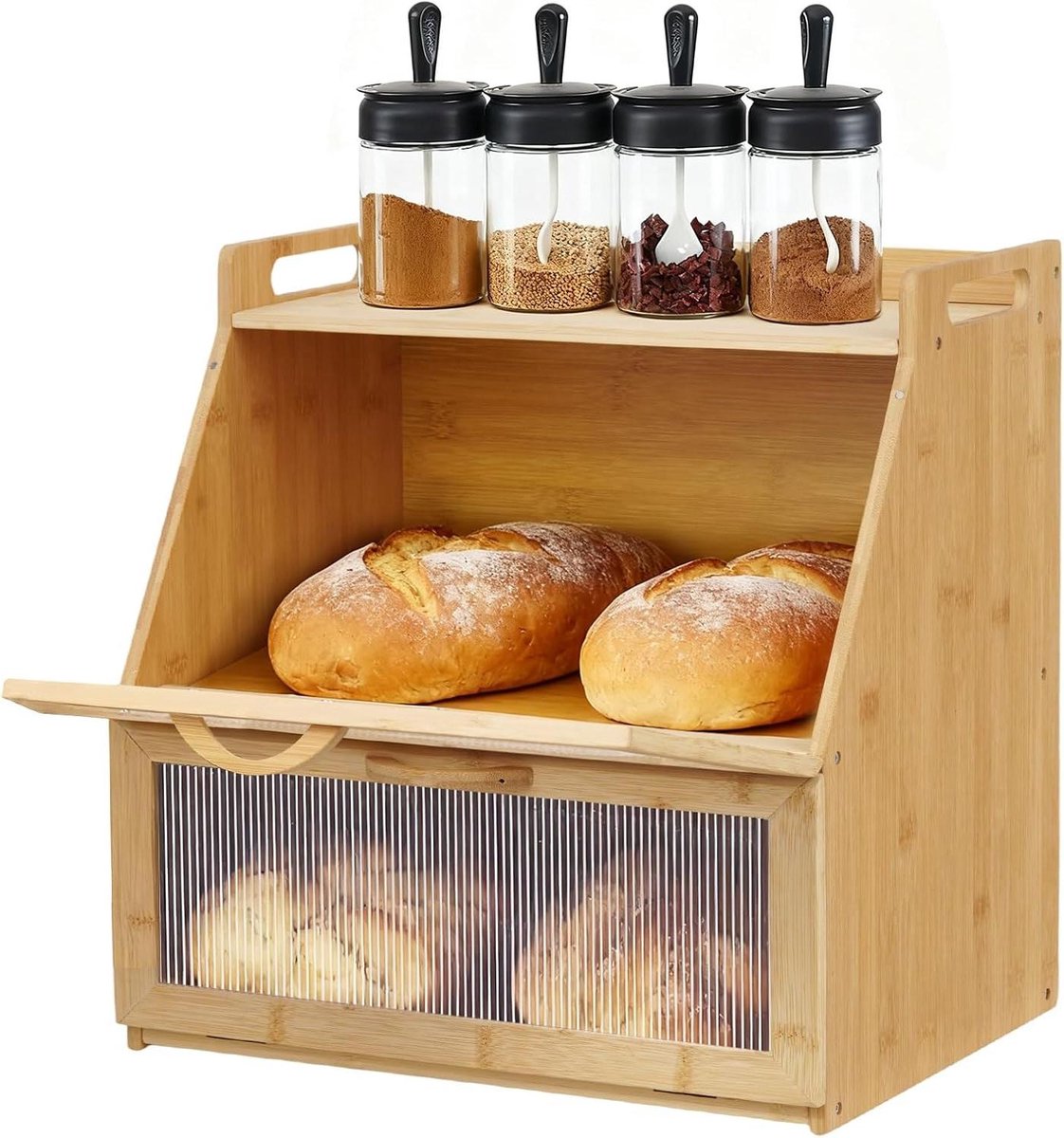Broodtrommel met 2 lagen - Keuken organizer - Brood bewaren - Ventilatie en magnetische sluiting - 378 cm - Natuurlijk hout