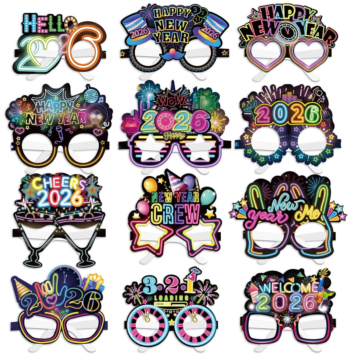 Dailygoods - Neon 2025 Oudejaarsavond Bril - 24 Stuks Papieren Brillen voor Nieuwjaarsfeesten