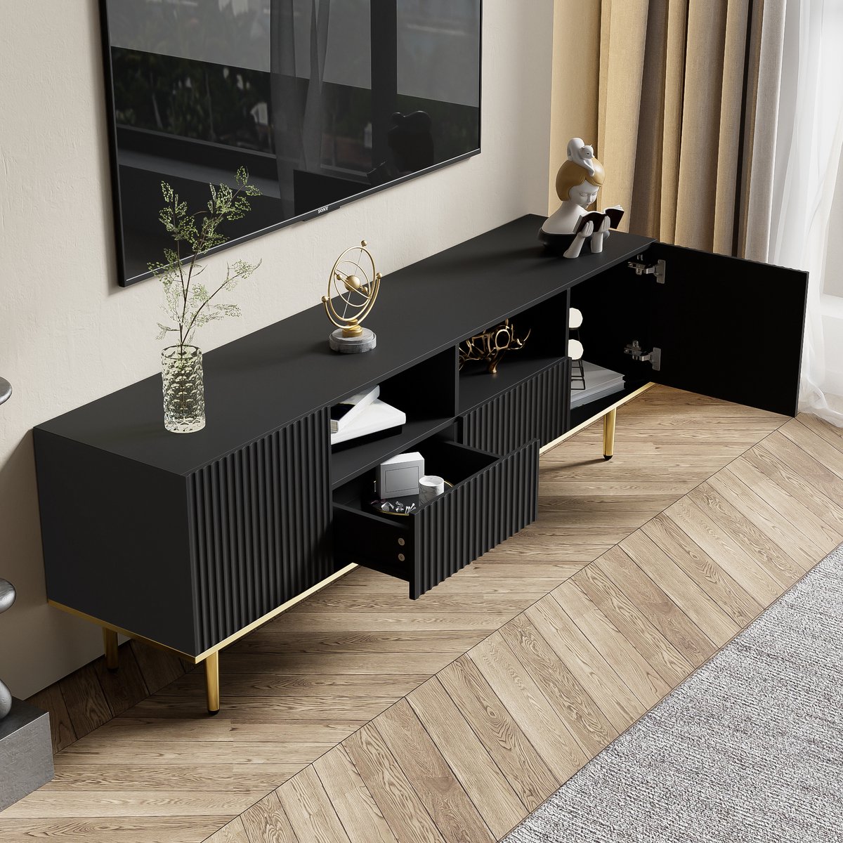 Moderne tv meubel met lade - met gouden poten en gouden omlijsting - zwart