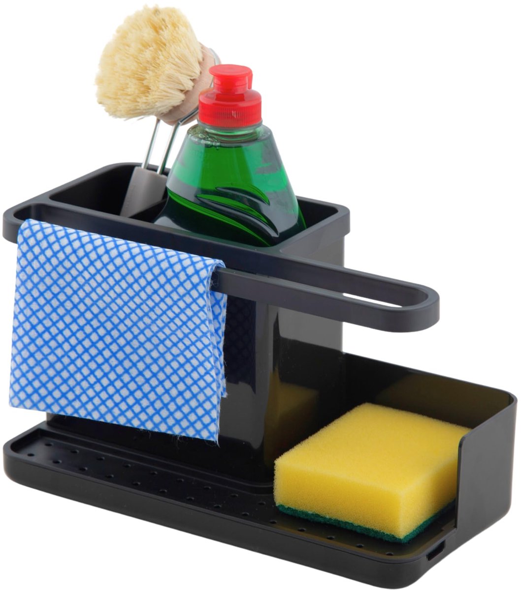 SnelShoppen - Opbergbakje voor de gootsteen - Gootsteenorganizer met verwijderbaar lekbakje - Antislip - Zwart voor keuken en badkamer