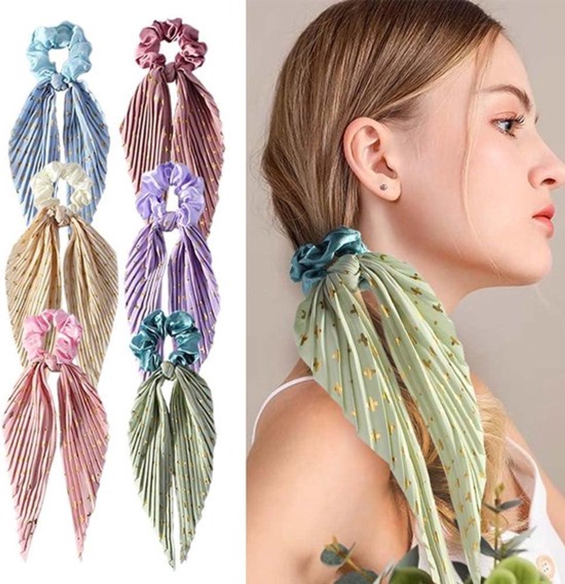Zijden scrunchies met strikken voor dames, set van 6 in verschillende kleuren, haaraccessoires