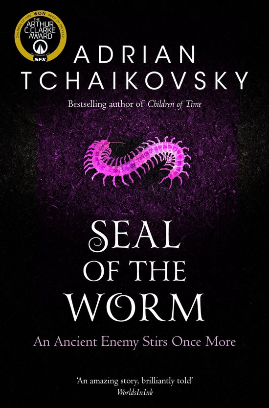 Couverture du livre 'Seal of the Worm' avec une créature rose à multiples pattes au centre et le texte d'Adrian Tchaikovsky.
