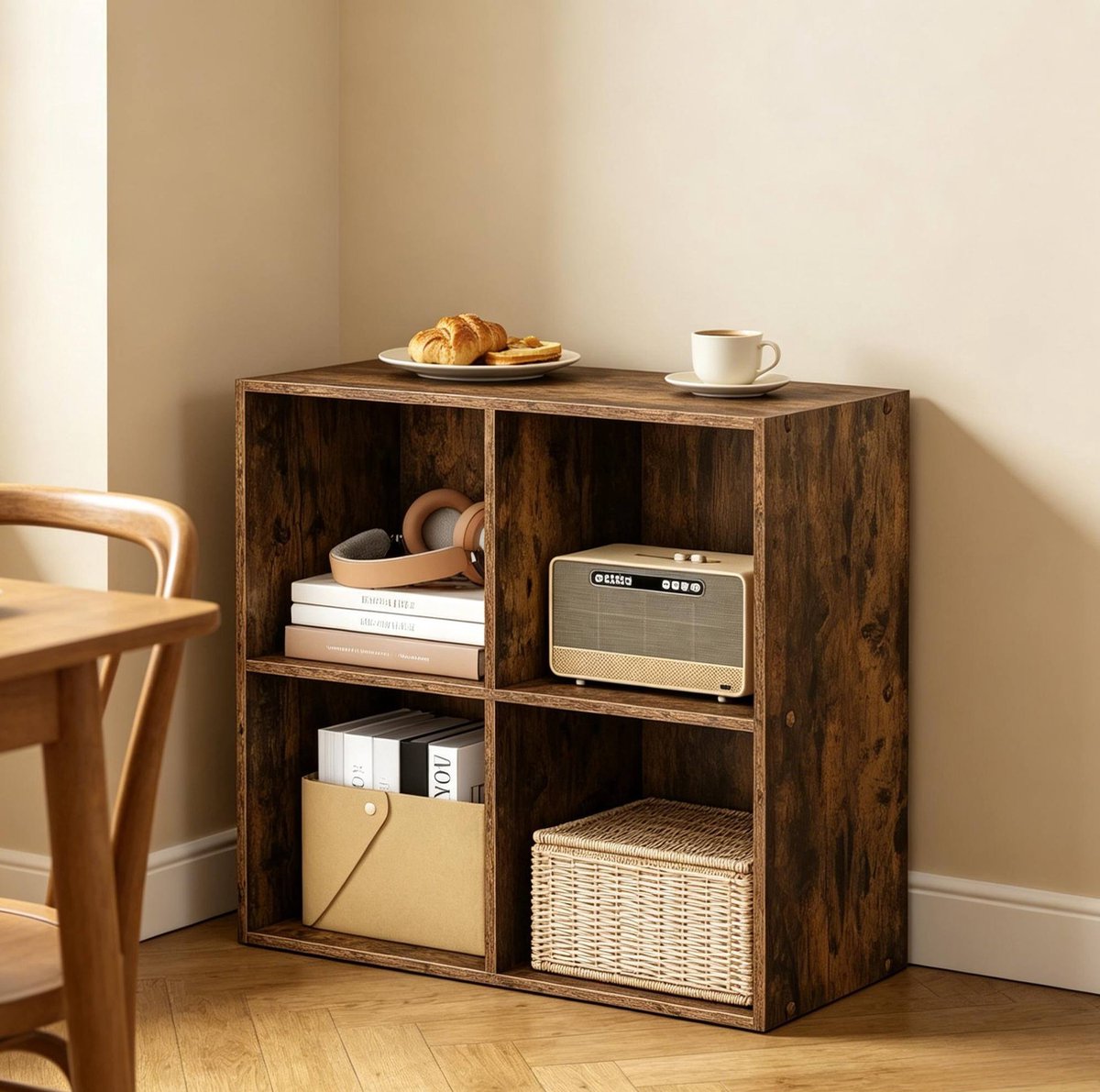 FloraGrace Boekenkast – 4 Vakken – 59,6 x 59,8 x 29 cm – Bewerkt Hout – Rustic Brown – Open Opbergkast Voor Woonkamer Of Kantoor