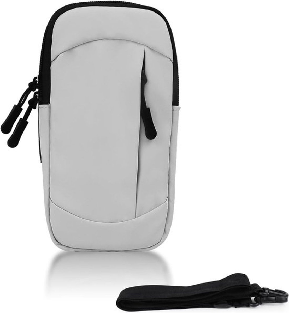 Mobiele telefoonhouder arm met ritssluiting en PU-leer voor joggen en hardlopen.