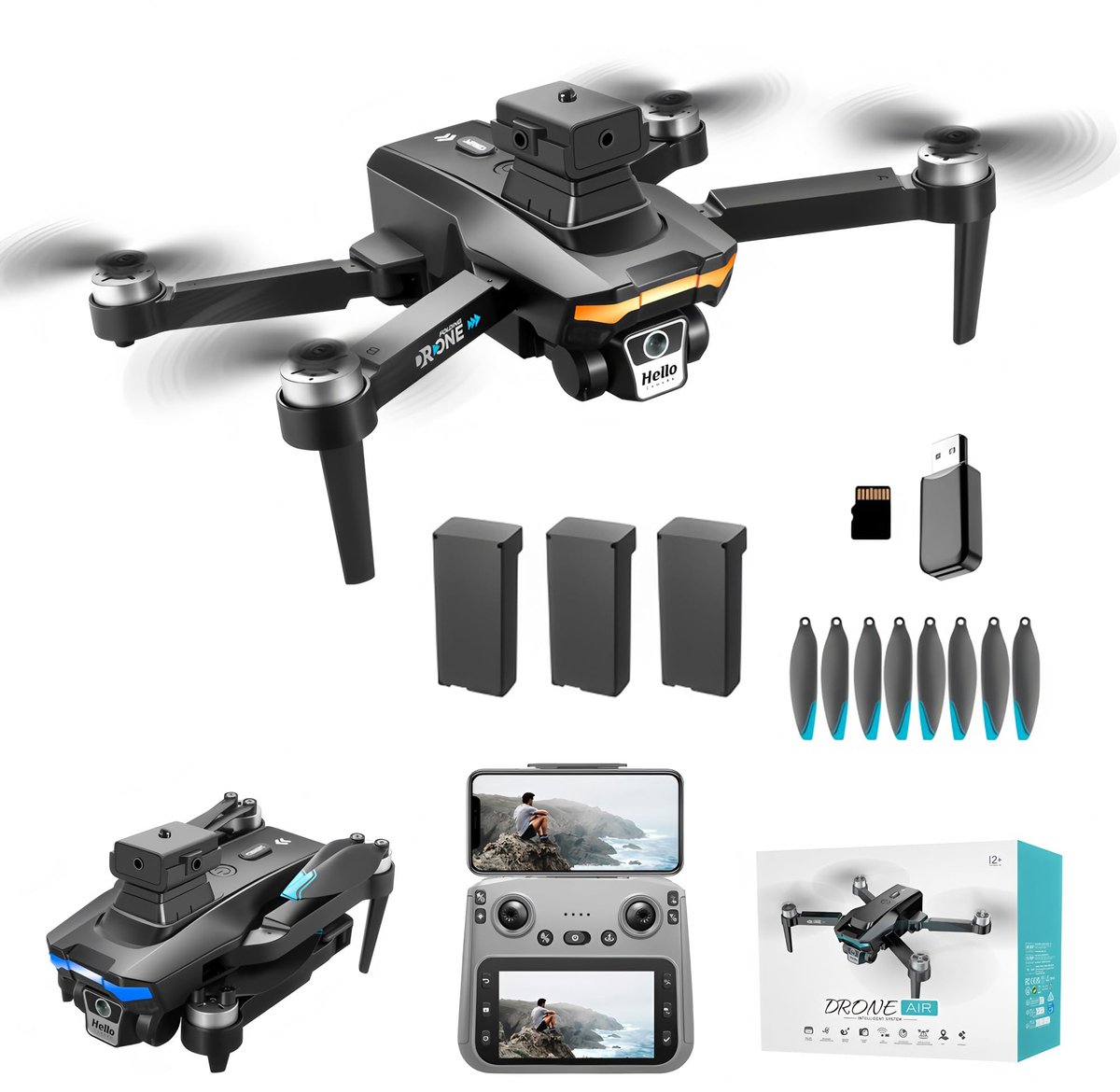 SnelShoppen - GPS-drone met dubbele 4K-camera, 4,5-inch scherm, obstakelvermijding, 69 minuten vliegtijd, 3 accu's, automatische terugkeer, volg mij f