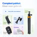 Compleet pakket: octopus statief, telefoonhouder, GoPro-houder, Bluetooth-afstandsbediening en handleiding.