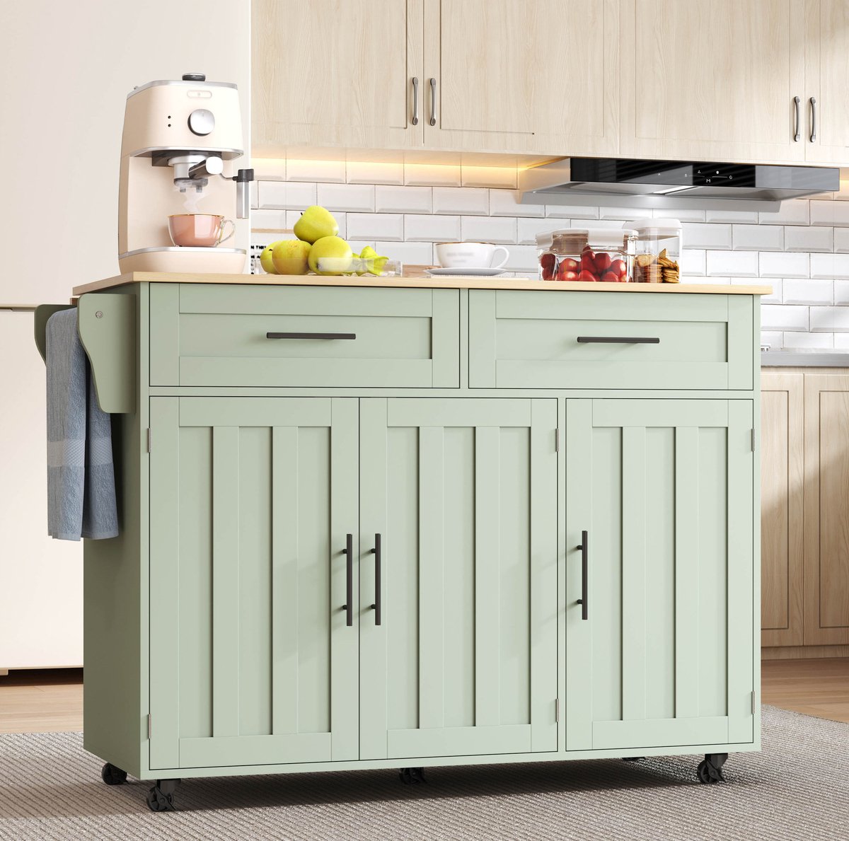 HAUSS SPOLE Keukenkast - Keukeneiland Met Uitklapbaar Werkblad - Met 2 Lades En Wielen Voor Keuken - MDF - 129x46x91,5 Cm - Antiekgroen