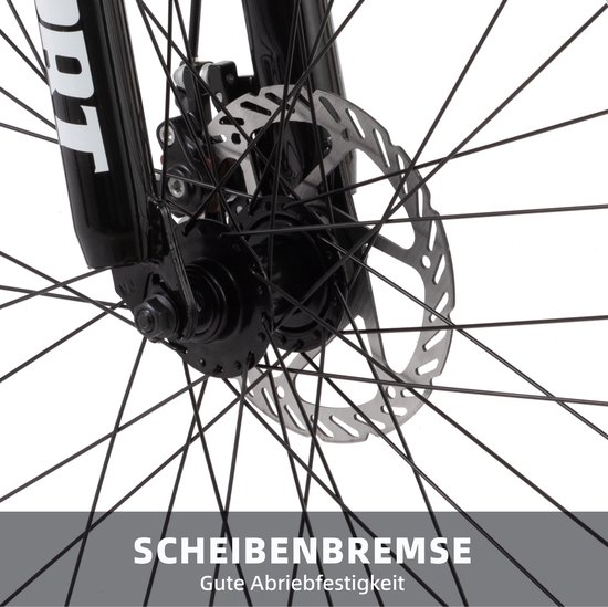 Gedetailleerde opname van de schijfrem van een zwarte fietsvoorvork.
