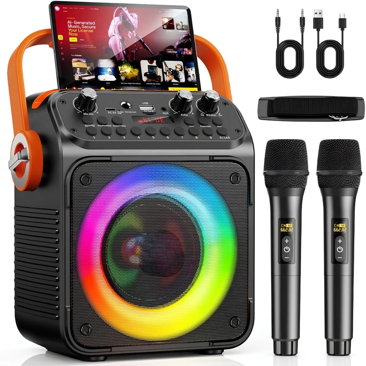 SP® Karaokeset - Draagbare Bluetooth Speaker met 2 Draadloze Microfoons - Feestverlichting - Zwart/Oranje - 26cm x 31cm x 16cm