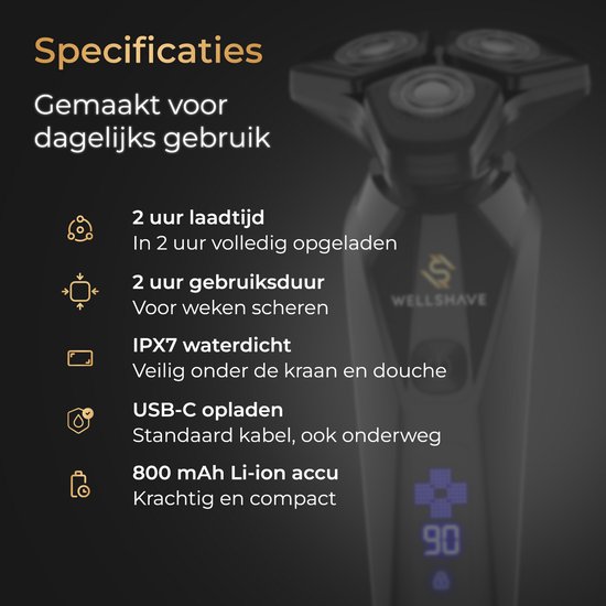 Zwart, waterdicht elektrisch scheerapparaat met LED-display, in detail. Tekst: "Specificaties" en "IPX7 waterdicht".
