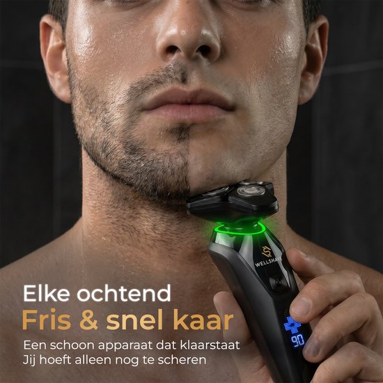 Man met half geschoren gezicht, houdt zwart scheerapparaat met groene LED-ring vast. Tekst: "Elke ochtend Fris & snel klaar".