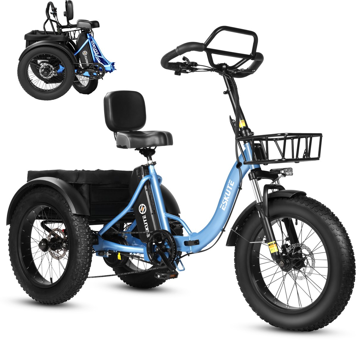 Opvouwbaar Elektrisch Driewieler – 250W Dik Klapfiets E-Bakfiets – 48V 20.8Ah Accu – 20"x4.0" Vetbanden – 7 versnellingen – 130km Bereik – 20 Inch Elektrische vouwfietsen – Blauw