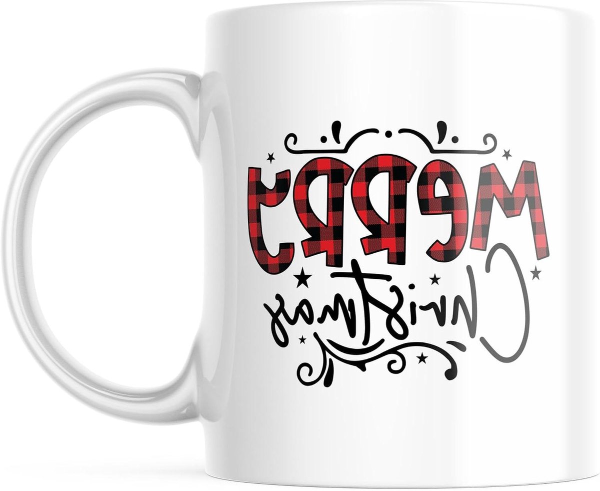 Kerst Mok - Koffiemok Feestelijk - Winterse Drankjes - Rustiek Schots Ruit Ontwerp - 330 ml - Rood Zwart