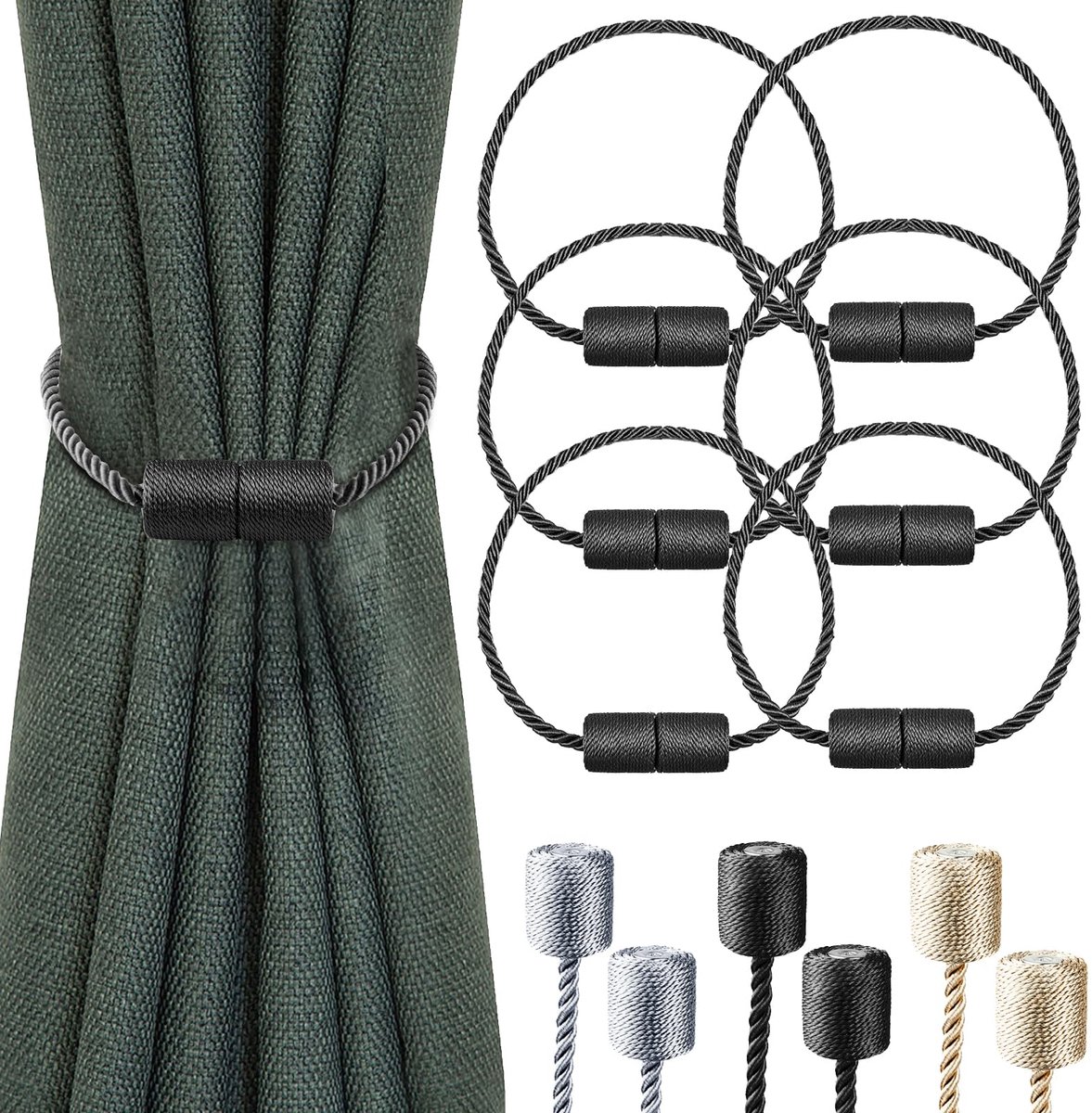 SnelShoppen - Milaloko Sterke Magneetgordijnen 6 Stuks - Dikkere Decoratieve Holdbacks voor Raamgordijnen - Zwart - Ideaal voor Woonkamer, Slaapkamer