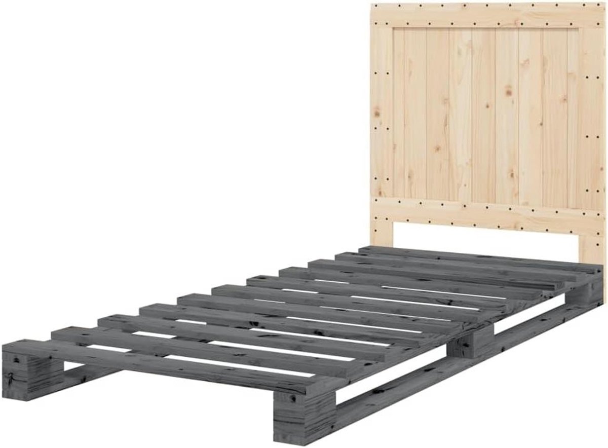 Bedframe met hoofdbord - Eenpersoonsbed Houten Bed - Comfortabel Slapen - Massief Grenenhout - 90x200 cm - Grijs