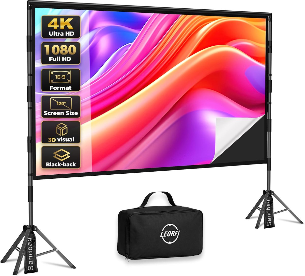 SnelShoppen - LEORFI Projectiescherm 120 inch - Draagbaar 4K HD, Kreukvrij, Zwarte Achterkant, Ideaal voor Binnen en Buiten, Tuin, Thuisbioscoop, Fees