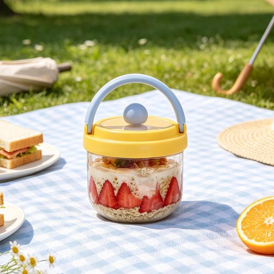 Overnight Oats Potten - Geïsoleerde Lunchcontainer - Ontbijt Meenemen - Met Draaghengel - 12 x 12 x 13 cm - Geel — afbeelding 4