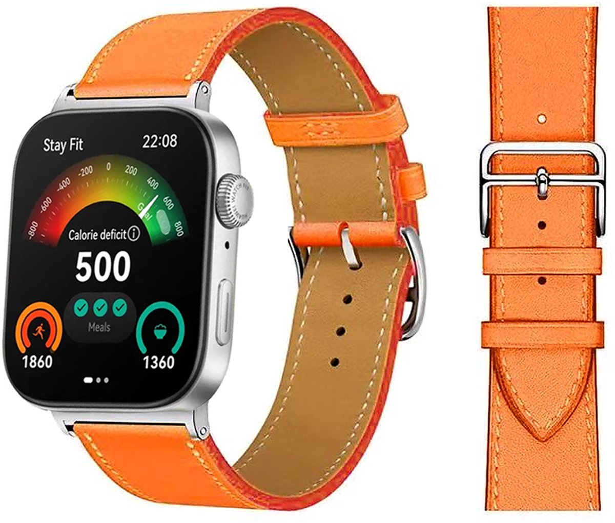 Stravo Premium Slank Leren Bandje – Geschikt voor Huawei Watch Fit 5 / Watch Fit 5 Pro / Watch Fit 4 / Watch Fit 4 Pro / Watch Fit 3 – Dun Leren Horlogebandje met RVS Gesp – Oranje
