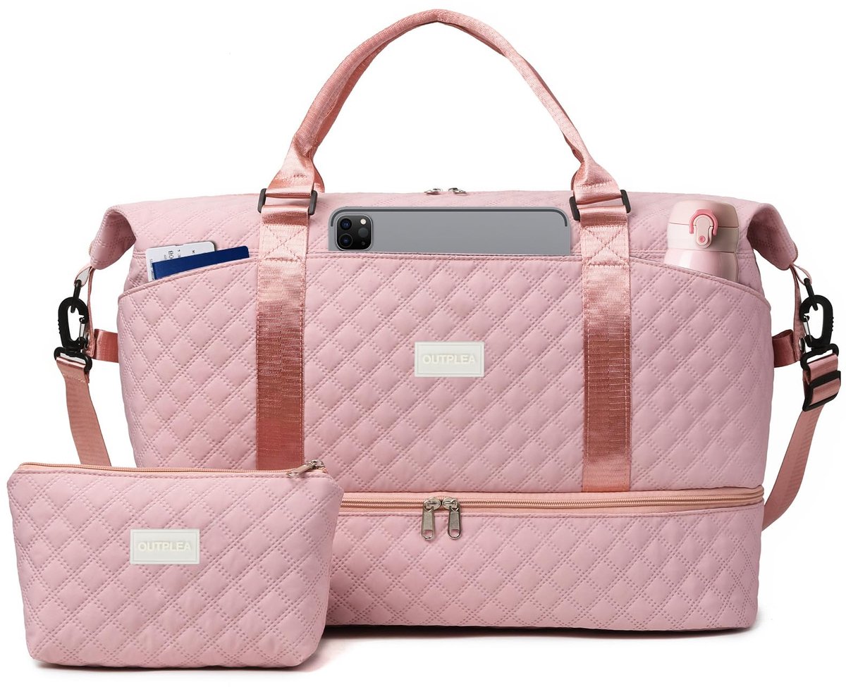 SnelShoppen - 50L Reistas Dames, Grote Weekend Duffel Bag met Toilettas, Zwangerschaps Ziekenhuistassen, Schoenenvak & Natte Zak, Roze, 51x42x24 cm