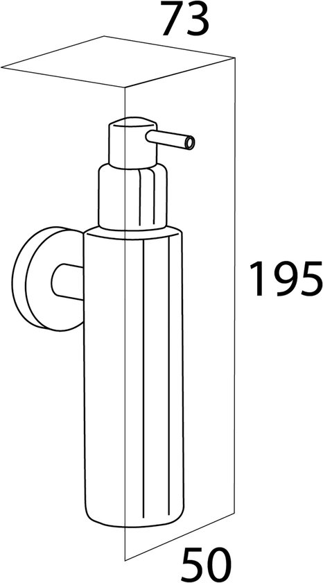 Technische tekening van een RVS zeepdispenser met afmetingen 73x195x50 mm.