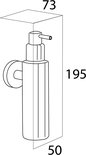 Technische tekening van een RVS zeepdispenser met afmetingen 73x195x50 mm.