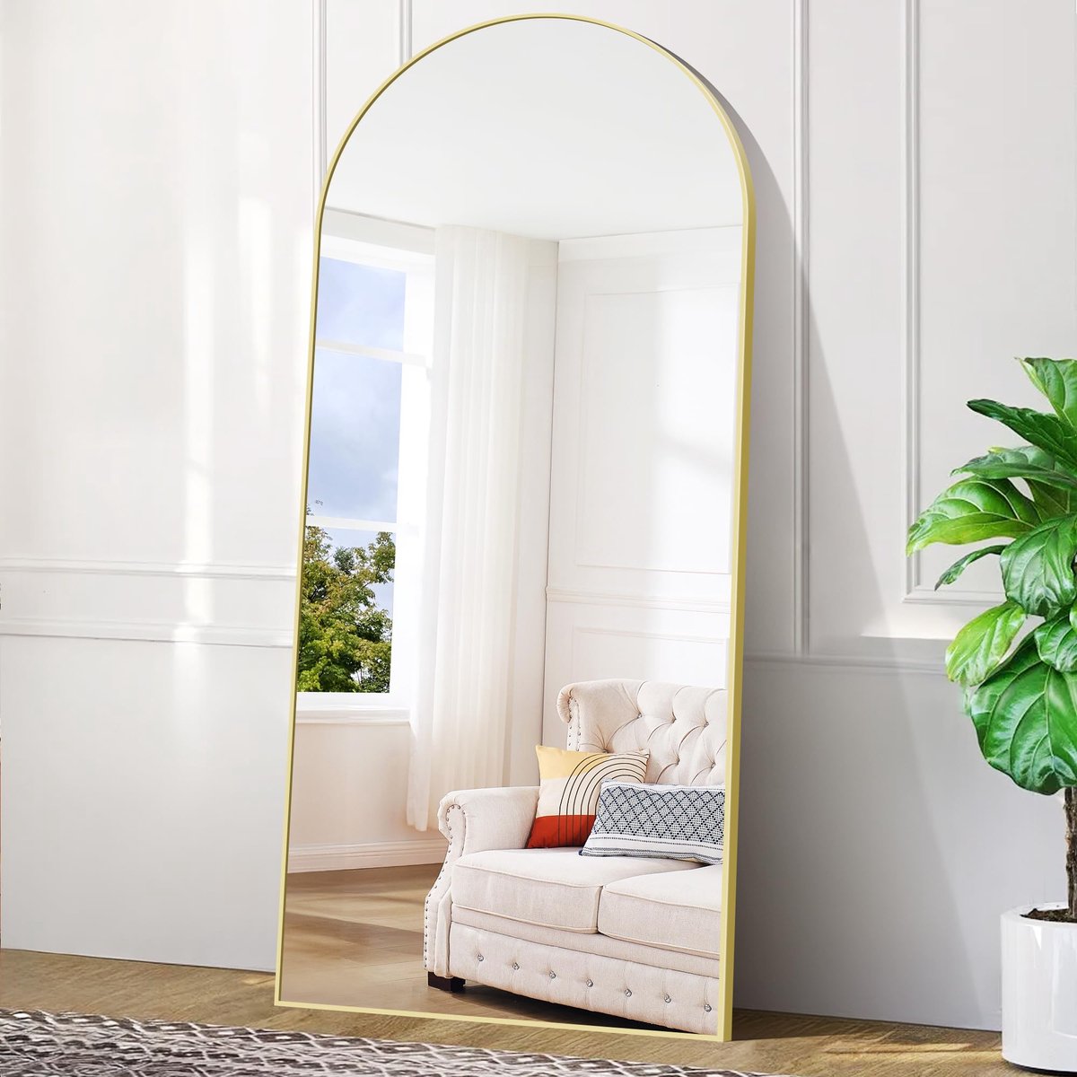 SnelShoppen - Staande Spiegels 192x85 cm, Gebogen Volledige Lengte Goud, Grote Vloer Wandspiegel met Stand voor Woonkamer, Slaapkamer en Entree