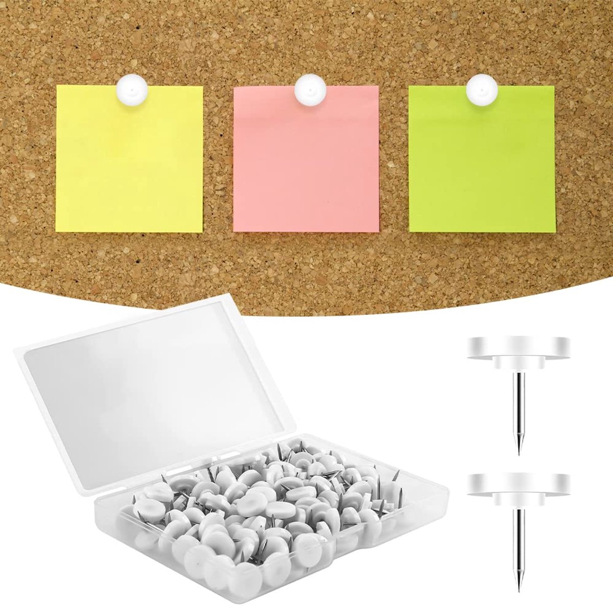 Dailygoods - 100 Stuks Witte Punaises met Opbergdoos - Platte Naalden voor Prikbord
