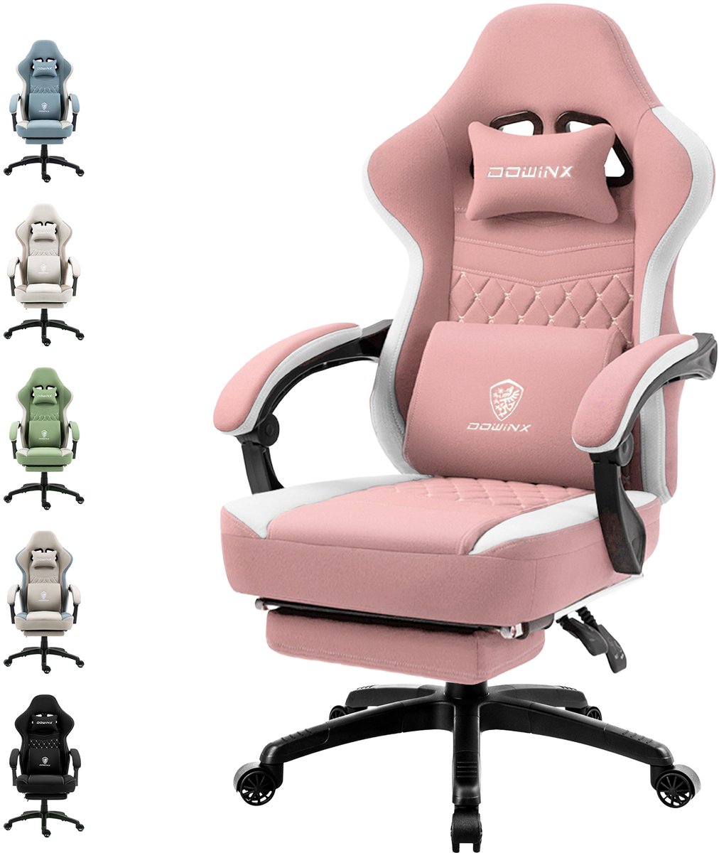 Dowinx Gaming stoel - Ergonomische bureaustoel - Stoffen gamer stoel met verstelbare rugleuning - Hoofdsteun en voetensteun - 150 kg draagvermogen - roze
