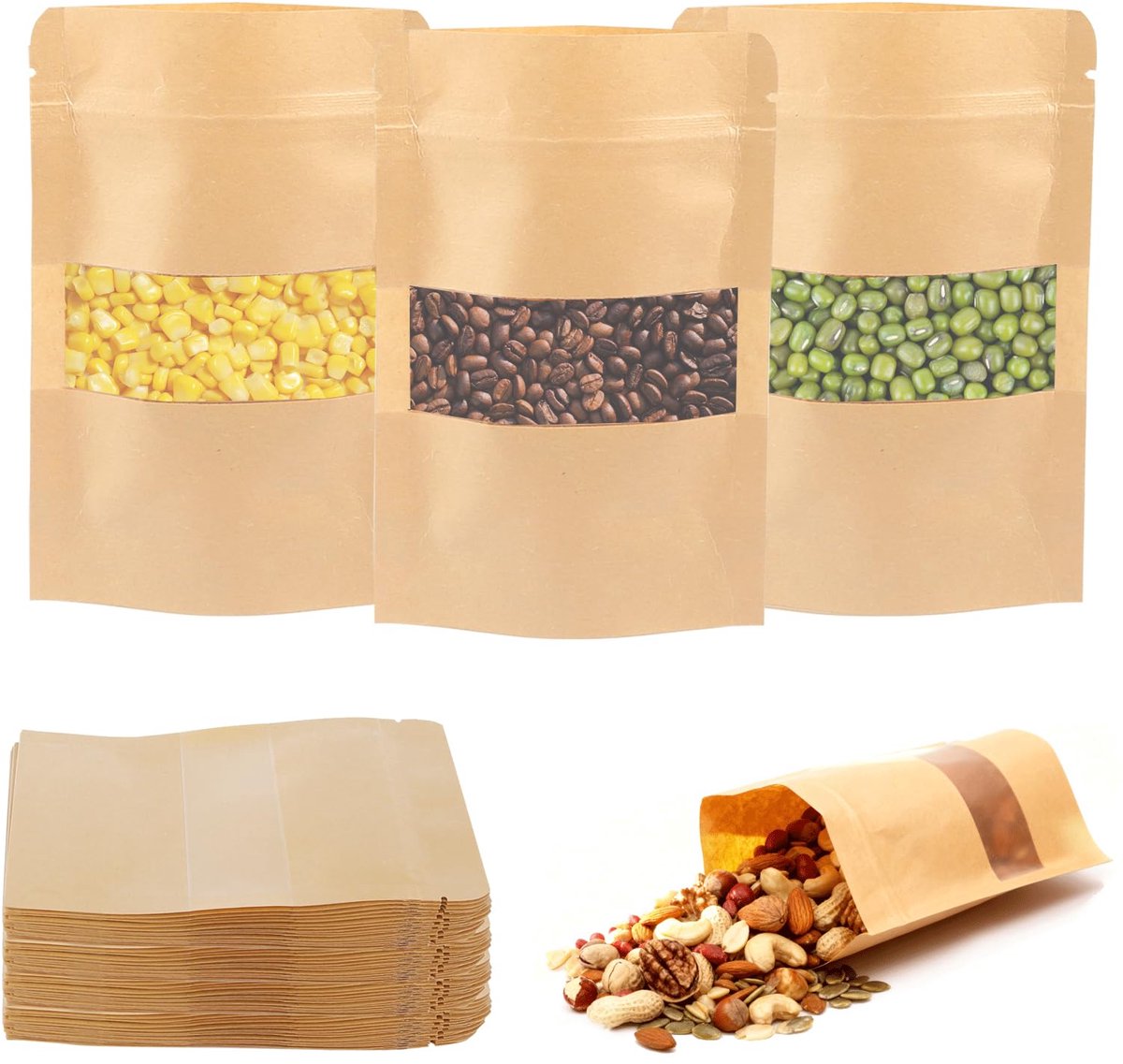 Dailygoods - 120 Stuks Kraftpapier Zakjes met Venster - Herbruikbaar en Perfect voor Feestdagen