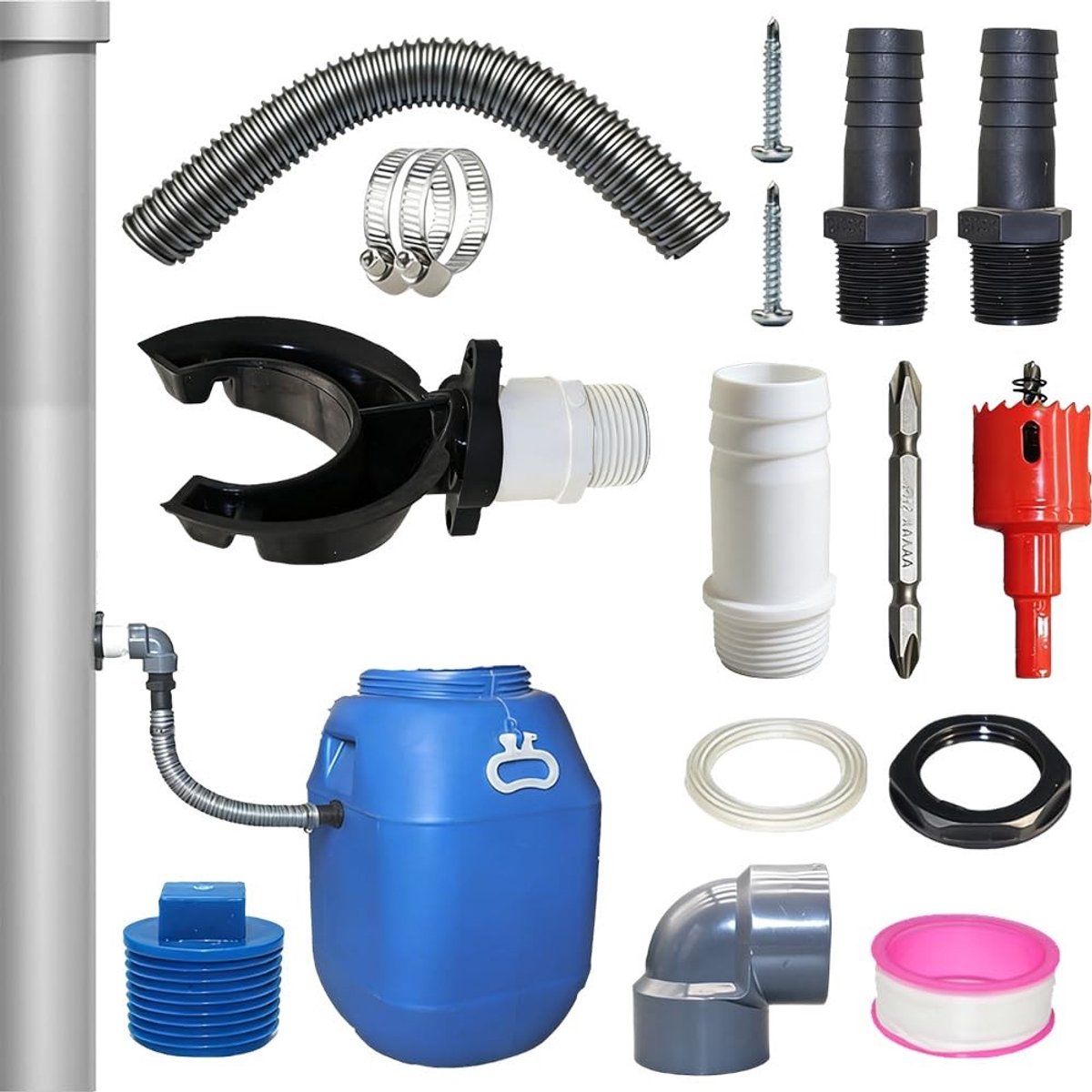 Dailygoods- Regenwaterverzamelaar voor regenpijpen 70-80mm - Regenwaterverzamelset - Slangverlenging 2,4cm - Tuinieren - Irrigatie - Waterbesparing - Regenwatercollector