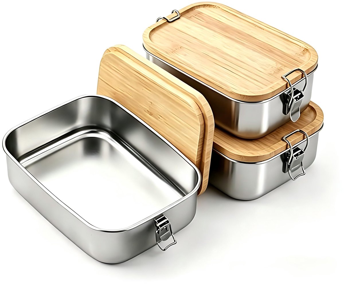 SnelShoppen - Set van 2 roestvrijstalen lunchboxen 700 ml met houten deksel, BPA-vrij, metalen lunchboxen voor school, uitstapjes, volwassenen en kind