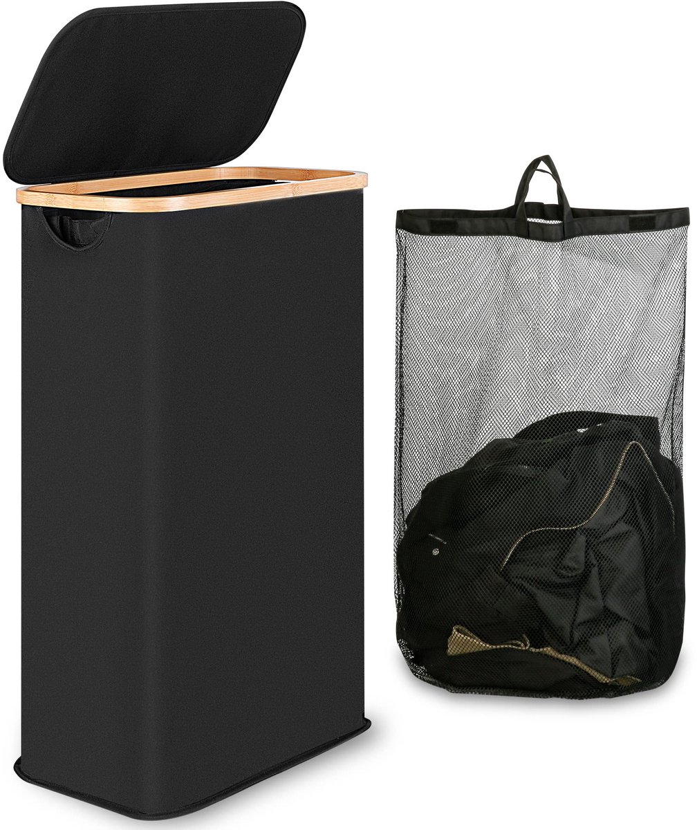 Thijox - iEGrow Wasmand 60L met Deksel & Handvat - Slanke Opvouwbare Wasmand met Afneembare Wasbare Binnenzak - Duurzaam Linnen & Bamboe - Zwart voor