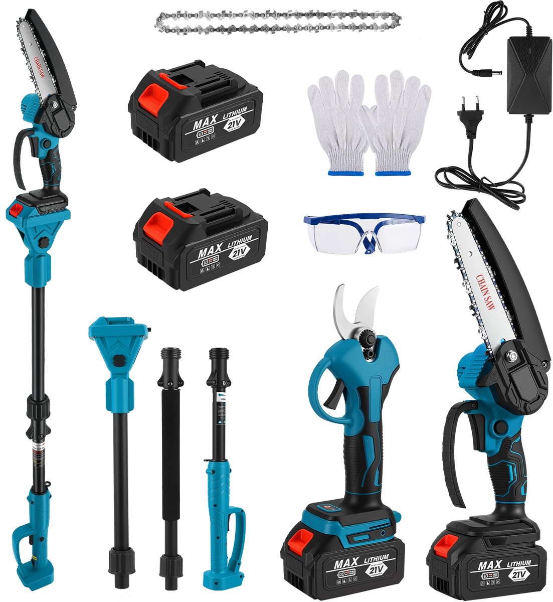 SnelShoppen - Mini-kettingzaag met accu 4-in-1, draadloze snoeischaar met telescoopstang 100-177 cm, 21 V, 180° draaibaar, inclusief 2 x 2000 mAh batt