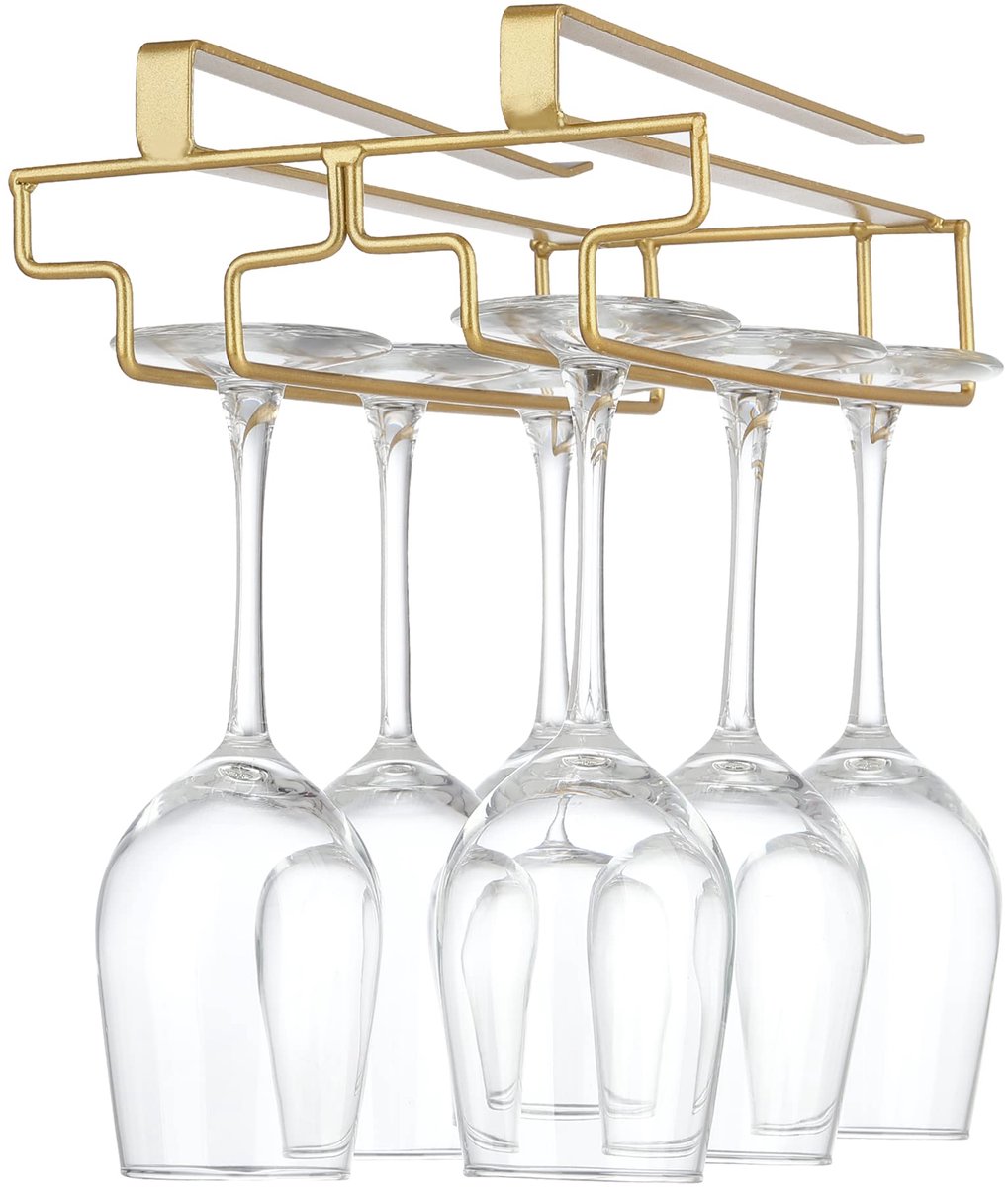 SnelShoppen - Wijnglashouder onder de kast, hangende glazenhouder voor steelglazen, metalen glashouder in goud voor keuken, bar en restaurant, stijlvo
