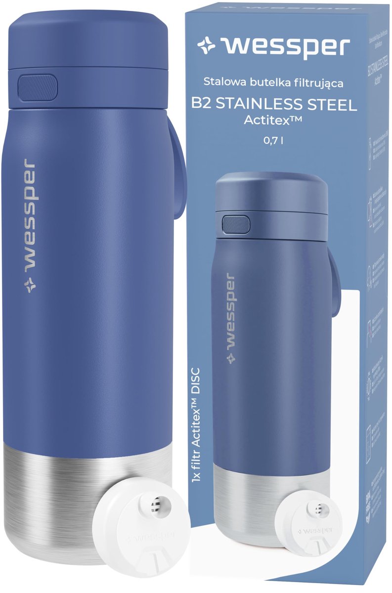 SnelShoppen - Waterfilterfles 700 ml - Roestvrijstalen Thermosfles met Actitex Disc Filter - Koolstof Filters - Vermindert Chloor - BPA-vrij - Blauw v