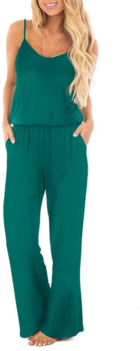 SnelShoppen - Dames Zomer Jumpsuit Overall Lang Broekpak Casual Playsuit Romper met Zakken - Groene Kleur, Maat M voor Feest, Vakantie en Dagelijks Ge