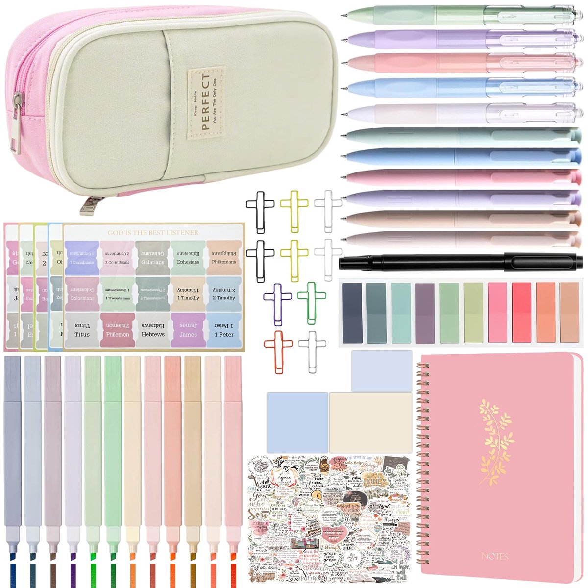 SnelShoppen - 95-delige Bijbelse Dagboekset met Opvouwbaar Etui, Pastelmarkeerstiften, Gelpennen, Bijbelstickers, Kruisvorm Paperclips en Bijbelstudie