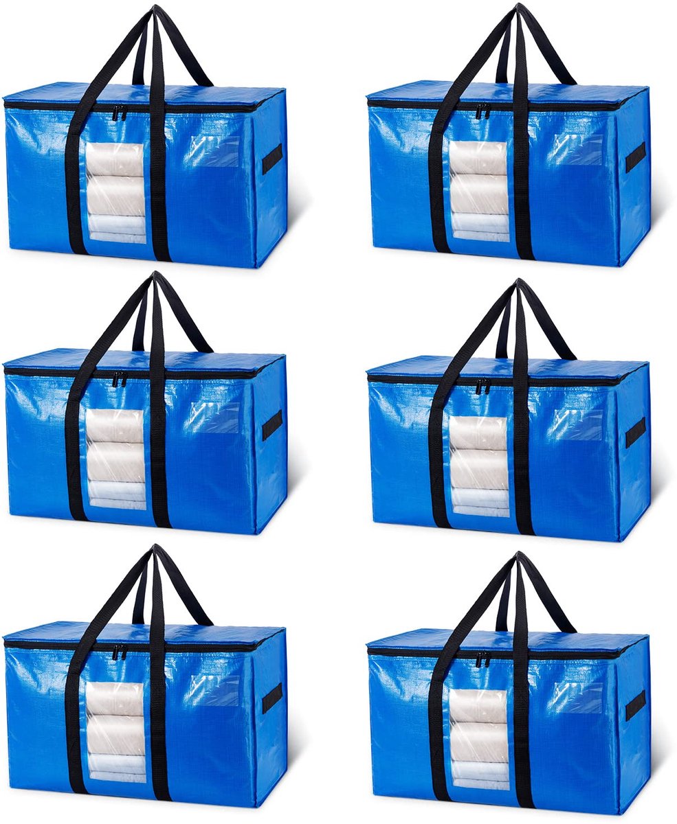 SnelShoppen - Grote Verhuisdoos Heavy Duty 6-Pack met Ritssluiting, Doorzichtig Venster, Versterkte Handgrepen, Waterdicht en Deksel, Perfect voor Ver