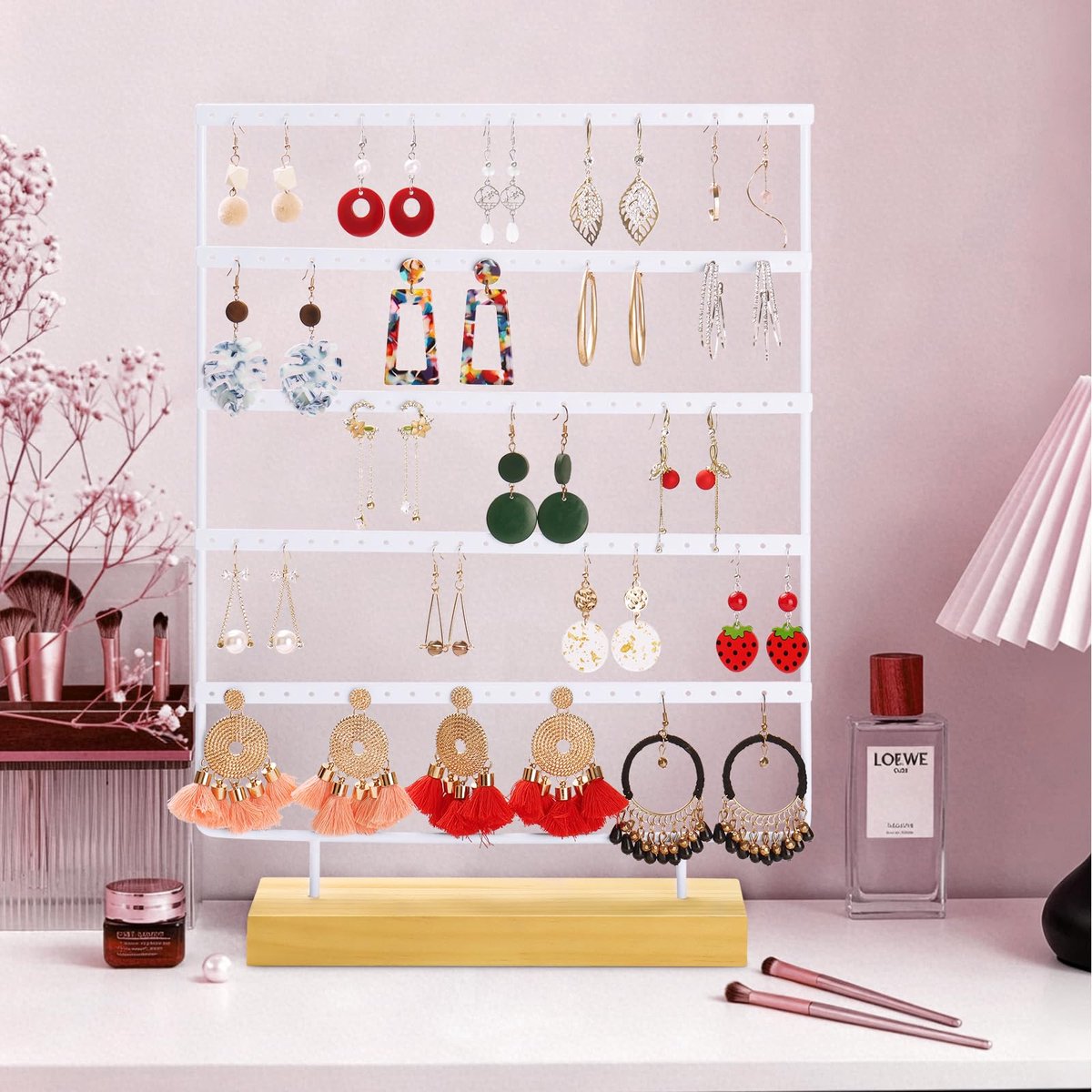SnelShoppen - Oorbellen Opbergrek 120 Plaatsen – 5-Lagen Sieraden Display met Houten Basis (Zwart/Wit) – Eenvoudig Opzetten voor Organisatie en Decora