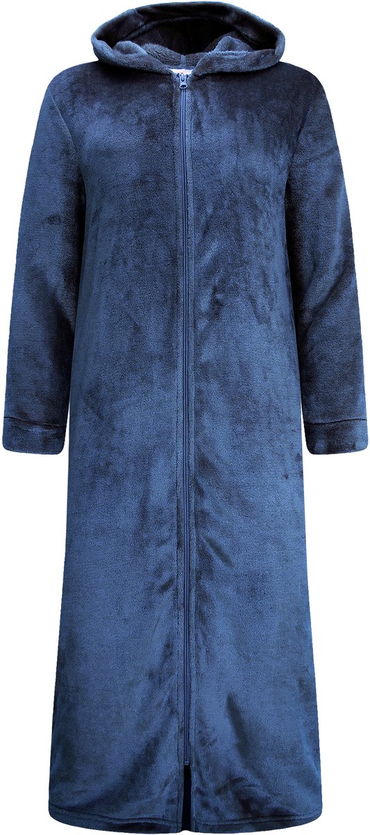 Extra Lange Dames Rits Badjas met Capuchon en Zijzakken - Ochtendjas - Superzacht Coral Fleece - Donkerblauw - Maat XXL/3XL - 8206-Blue