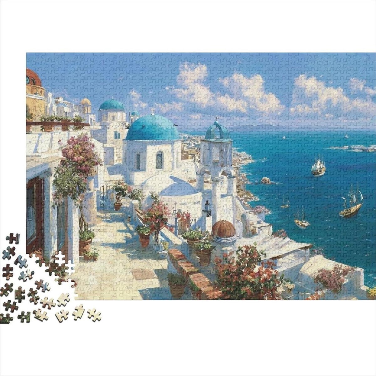 Puzzel Santorini Kustlijn - 1000 Stukjes Puzzel - Ontspanning Thuis - Gerecycled Materiaal - 70 x 50 cm - Wit