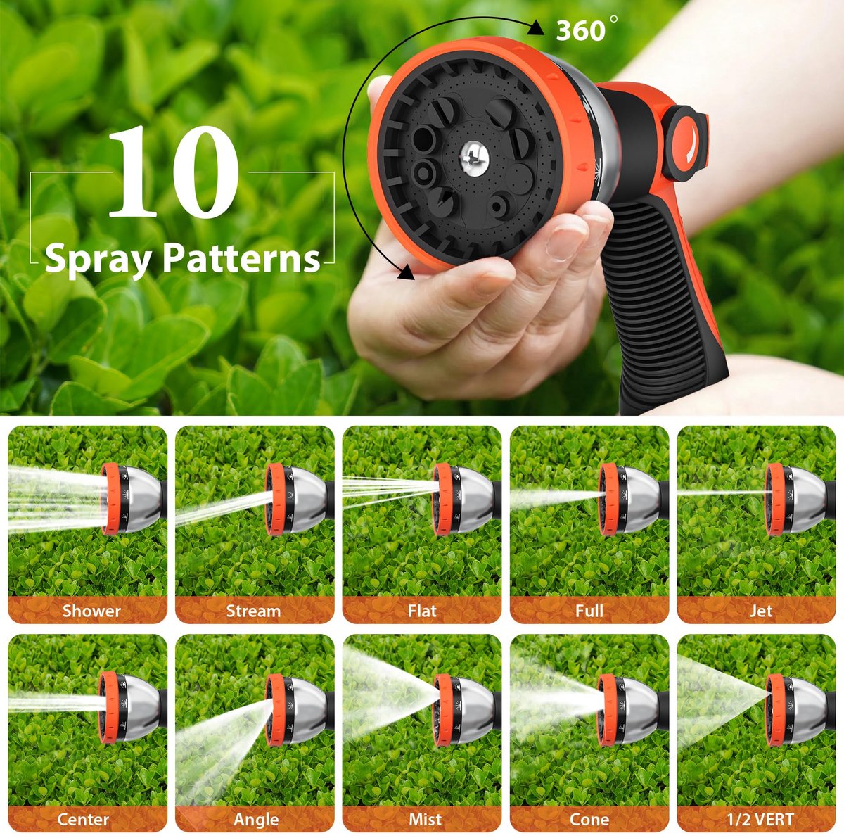 SnelShoppen - Tuinsproeier met 10 functies, Hogedruk Handdouche, Tuinspuitpistool voor Plantenirrigatie, Gazonirrigatie, Voertuigwassen, Oranje, Bedie