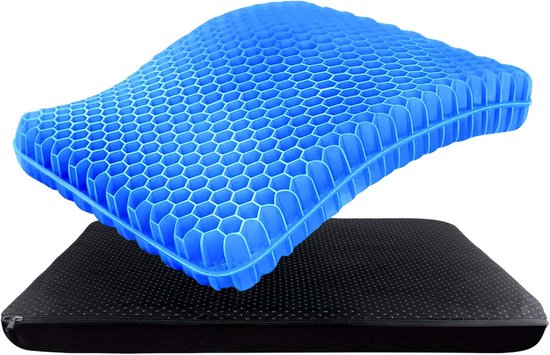 Blauw gelkussen met honingraatstructuur bovenop een zwart antislip kussen met rits.