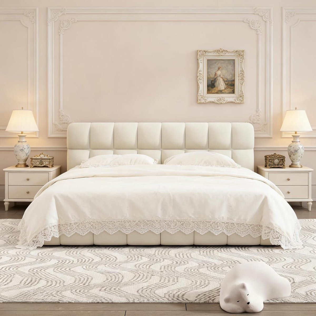 Tweepersoonsbed - Bedframe met hoofdeinde - Slaapkamer Inrichting - Gestoffeerd Linnen Stof - 140 x 200 cm - F Beige