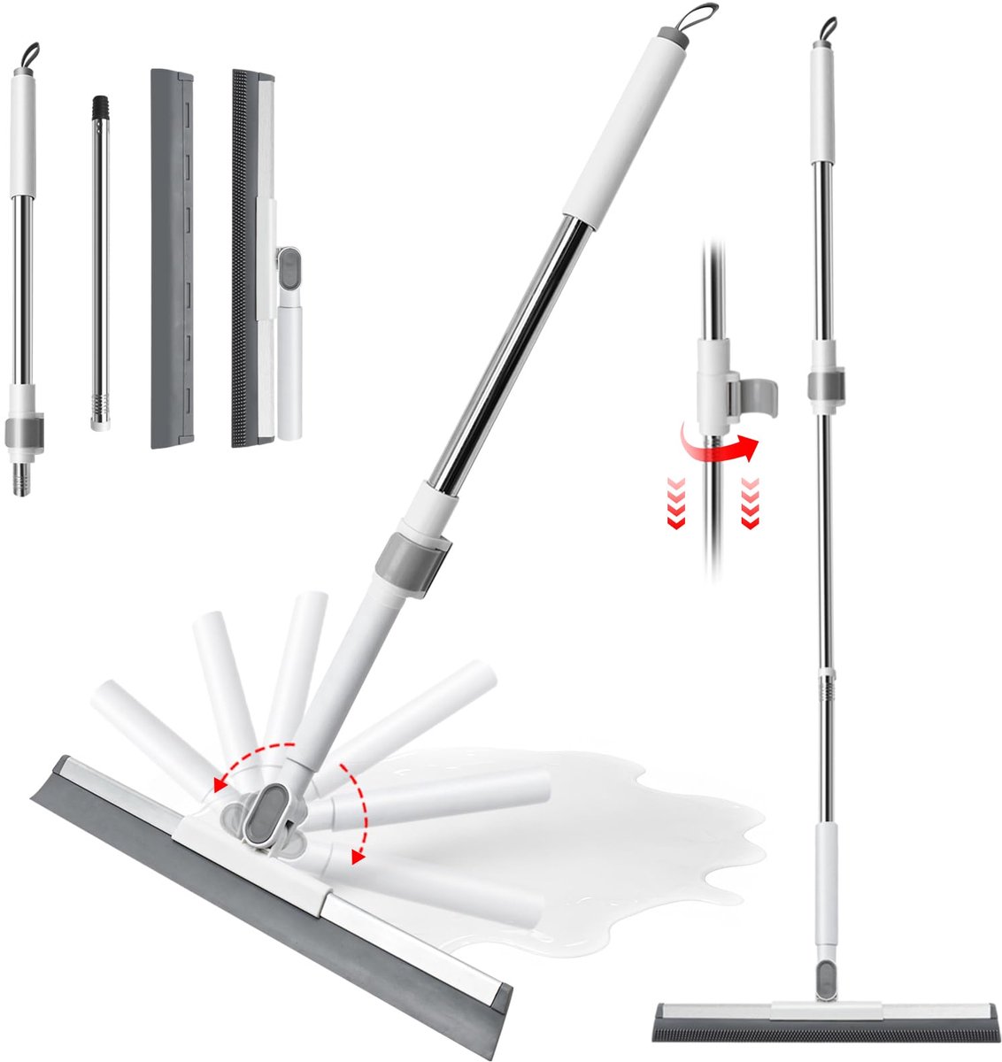 SnelShoppen - Uittrekbare Douchewisser Roestvrij Staal met Telescoopsteel 90-115 cm, 180° Draaibaar, 40 cm Rubberen Lip, Waterschuiver en Vloerwisser