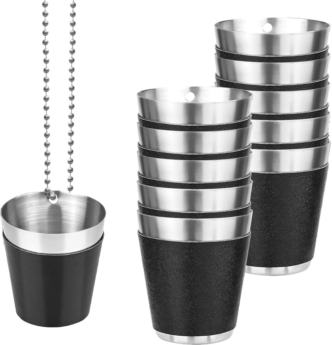 Dailygoods - 8 Stuks Borrelglaasjes van Roestvrij Staal - Herbruikbare Shotglazen met Ketting voor Feestjes