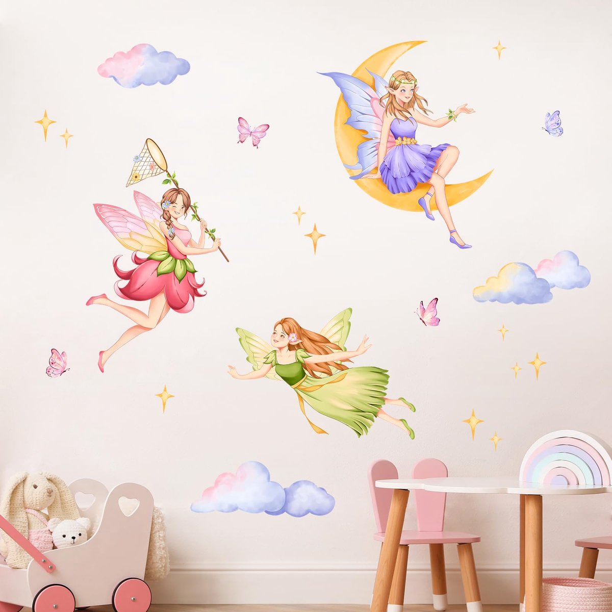 Dailygoods - Bloemen Fee Wandstickers - Maan en Wolken Decor voor Kinderen