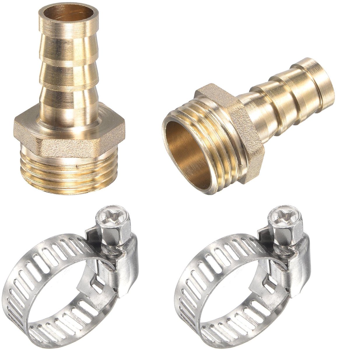 Dailygoods - Messing Slangtuit Recht 12 mm x G1/2 Buitendraad met Roestvrij Stalen Slangklem - 2 stuks